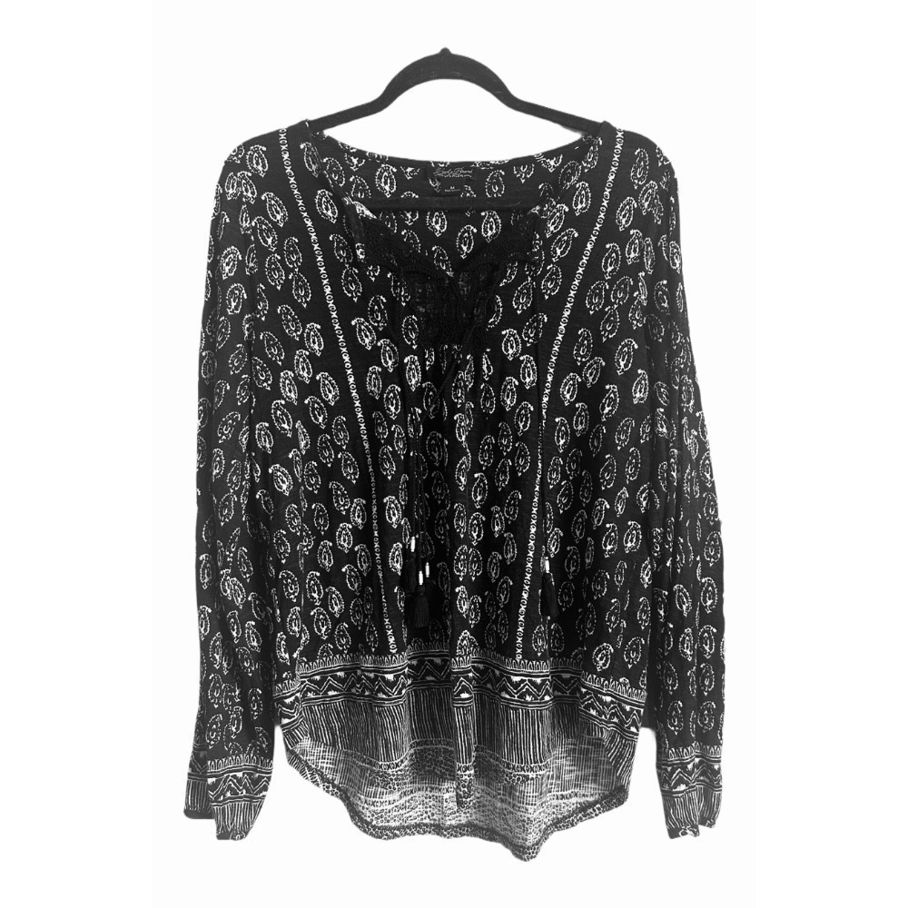 Lucky Brand Black and White VNeck Long Sleeve Tassel Blouse Size M Cold Shoulder